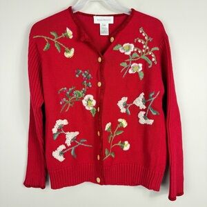 Susan Bristol VIntage Cardigan Sweater Medium Floral Embroidered Cottagecore Red